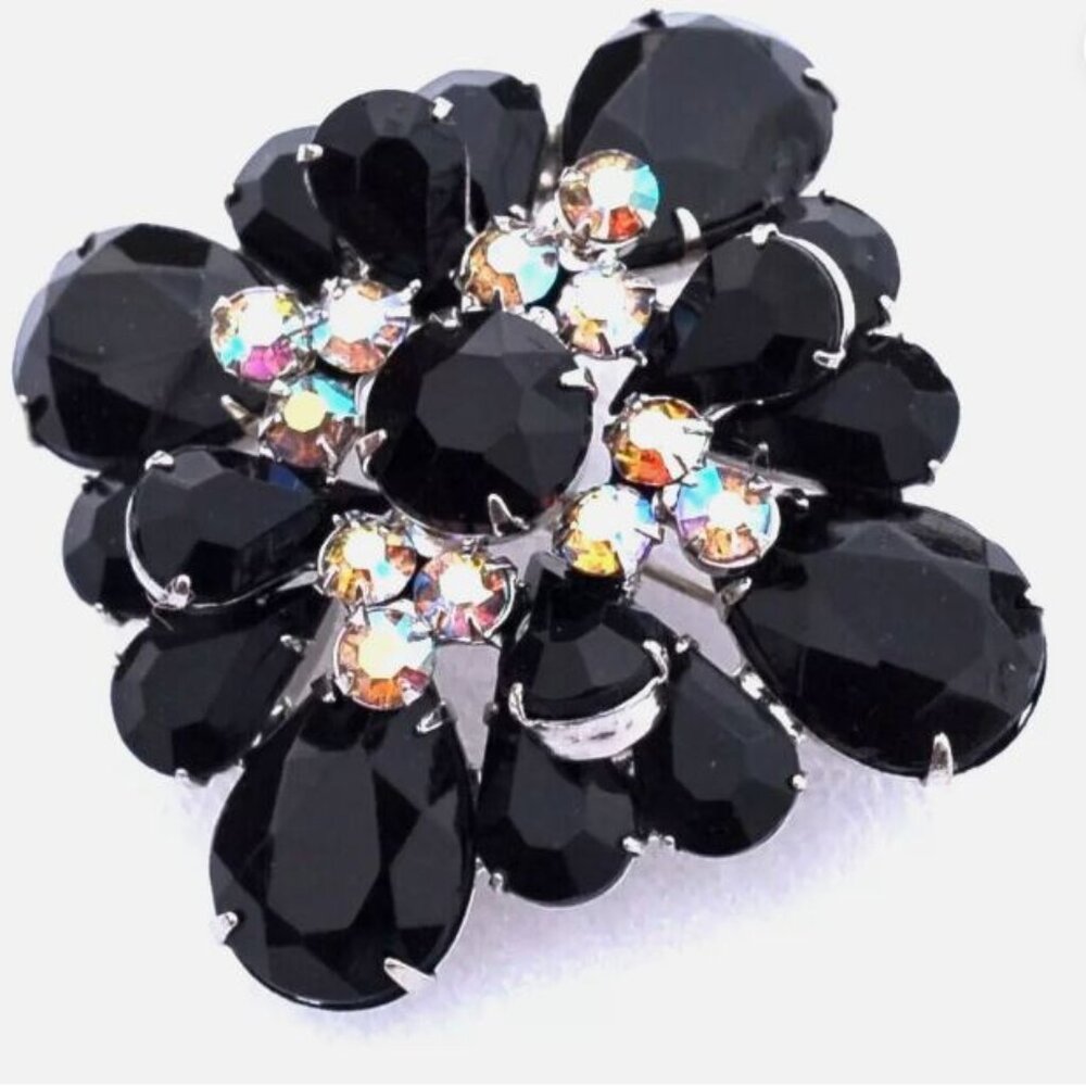 Juliana D&E Domed Black Jet Glass AB Rhinestone Brooch Pin Mint